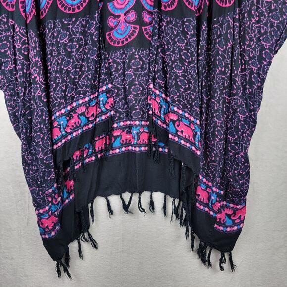 Whimsigoth Cardigan OS Kimono Sleeves Fringe Open Black Blue Pink Bohemian Print - Picture 3 of 7